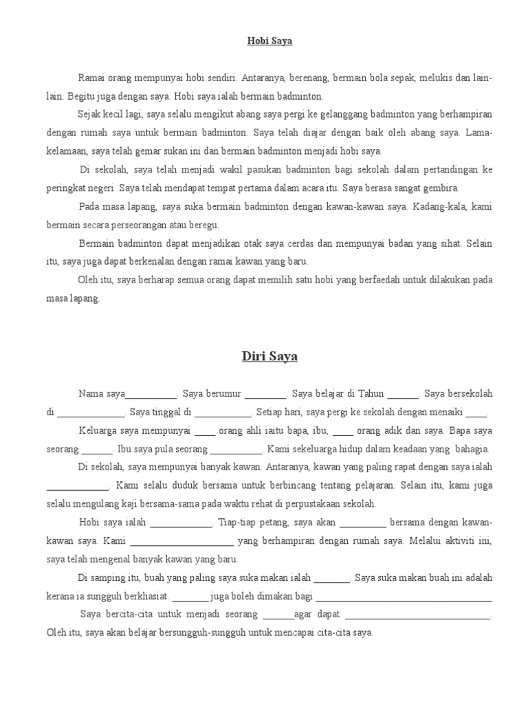 Contoh Karangan Tajuk Hobi Saya