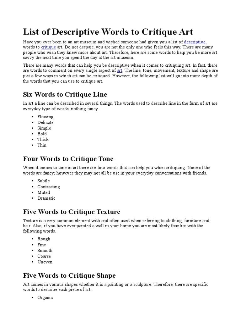 List of Descriptive Words to Critique Art Shape Art Media