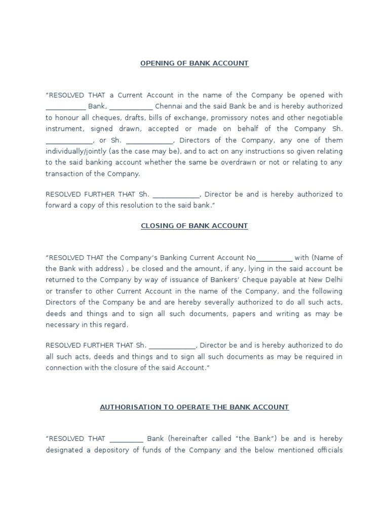 Bank Account Management Resolutions | PDF