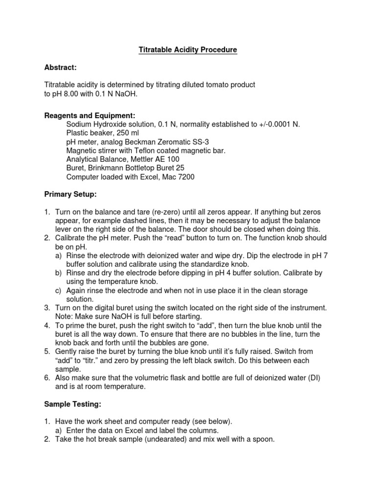 Titratable Acidity Procedure Abstract PDF Ph Analysis