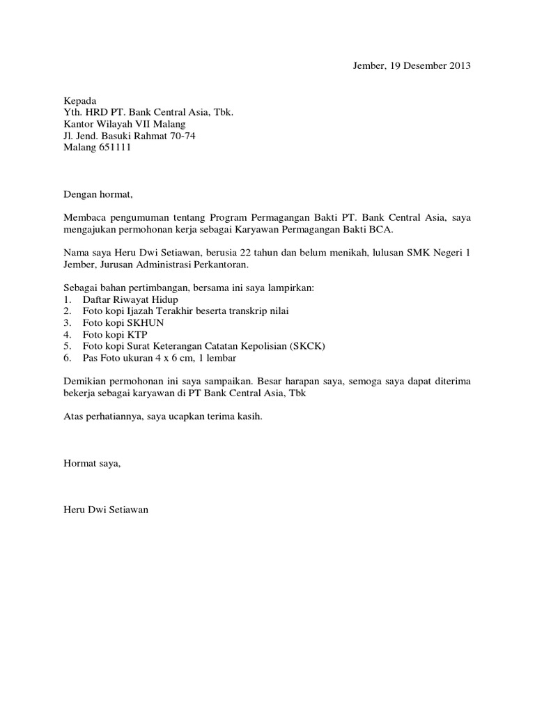 Contoh Surat Lamaran Kerja Di Bank Magang Bhakti Bca