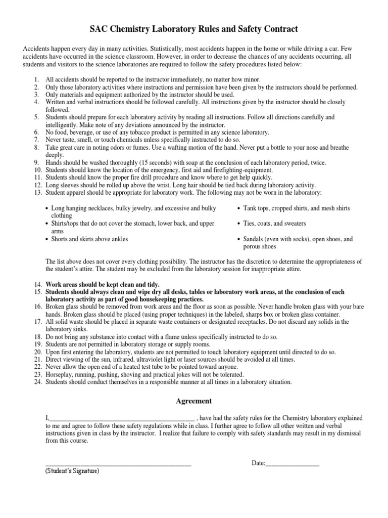 Lab Rules and Safety Contract (1) Laboratories Odor