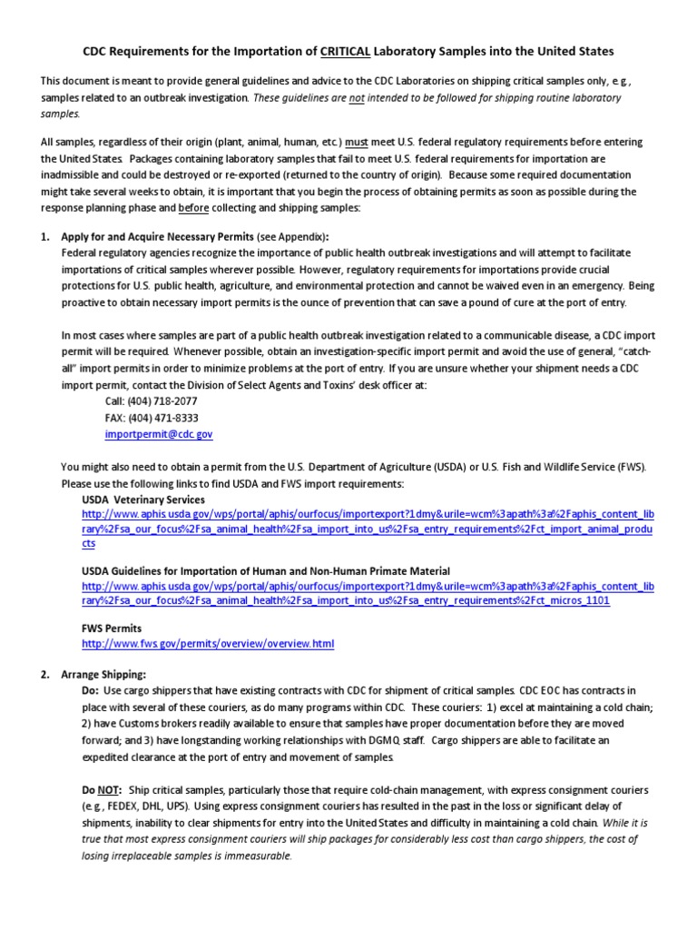 CDC Guidelines for Importing Critical Samples | PDF | Courier | Cargo