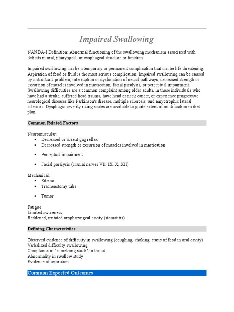 Nursing Care Plan for Impaired Swallowing | PDF | Caregiver | Diseases ...