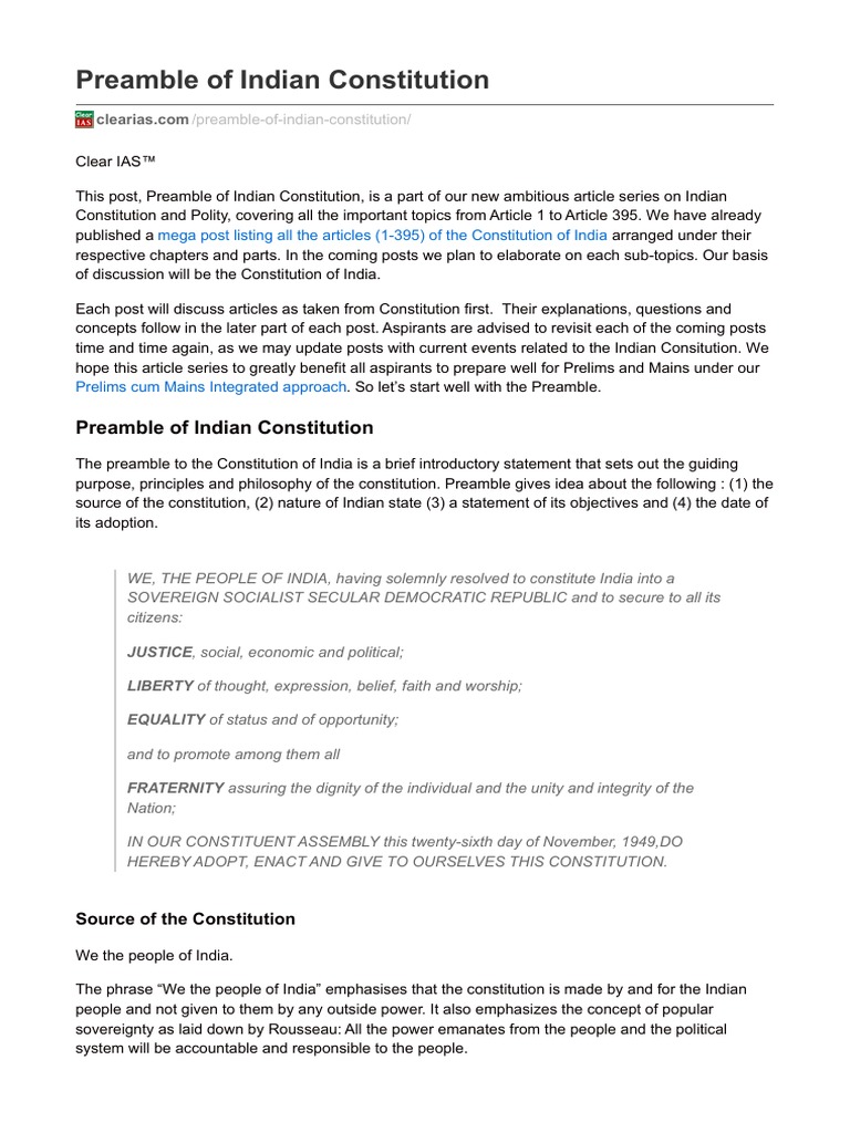 Overview of Indian Constitution Preamble | PDF | Ethical Principles ...