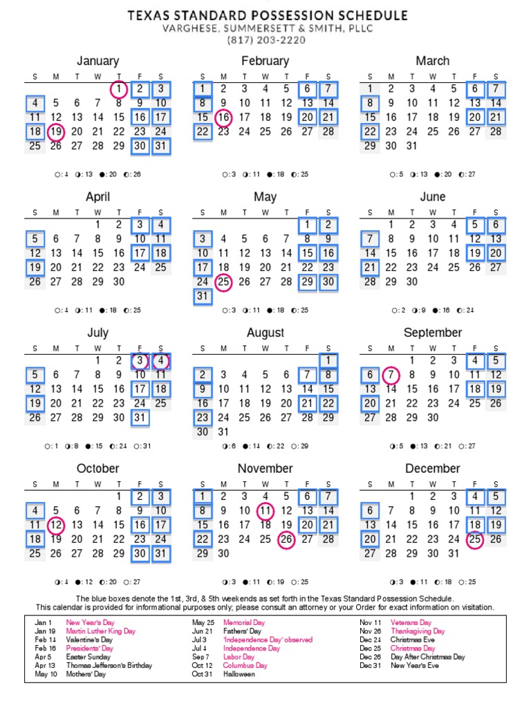 Texas Standard Visitation Calendar 2022 Texas Standard Possession Calendar | Pdf | Recurring Events | Traditions