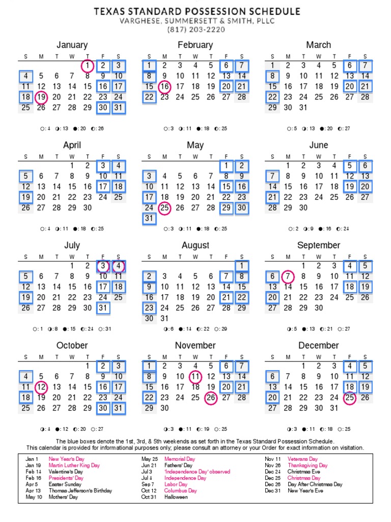 Texas Standard Possession Order Calendar 2023 Texas Standard Possession Calendar | Pdf | Recurring Events | Traditions