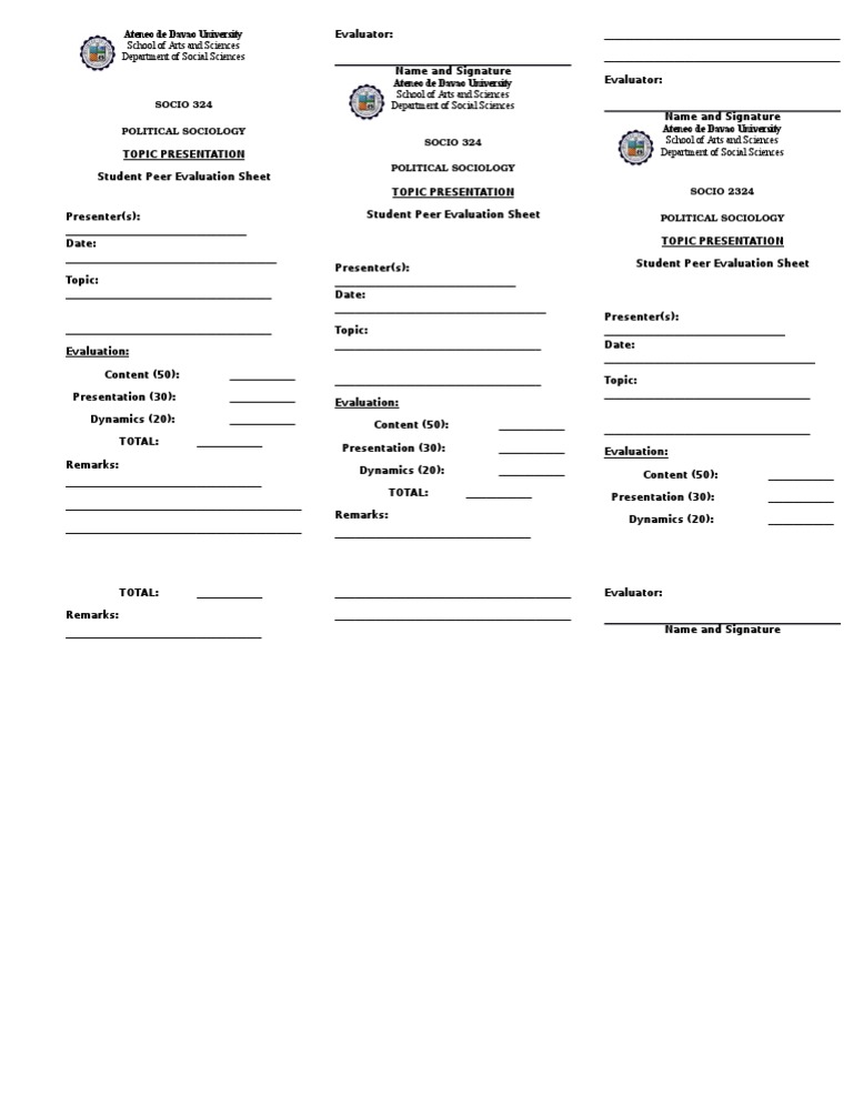 Peer Evaluation Sheet for SOCIO 324 | PDF