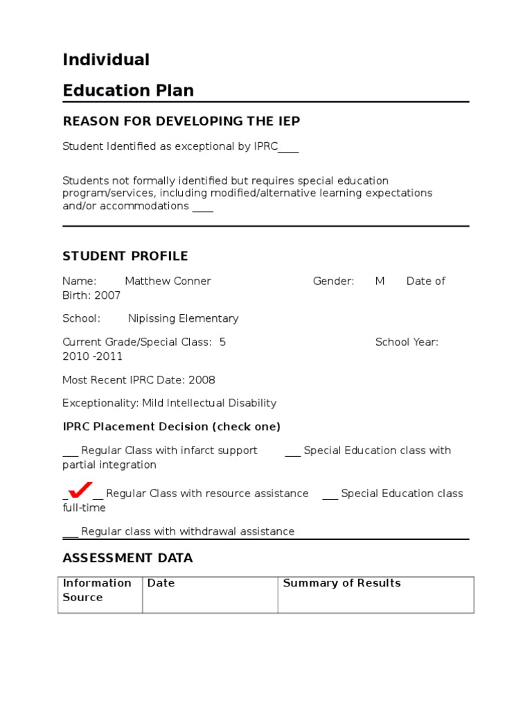 Sample Iep | PDF | Special Education | Educational Assessment