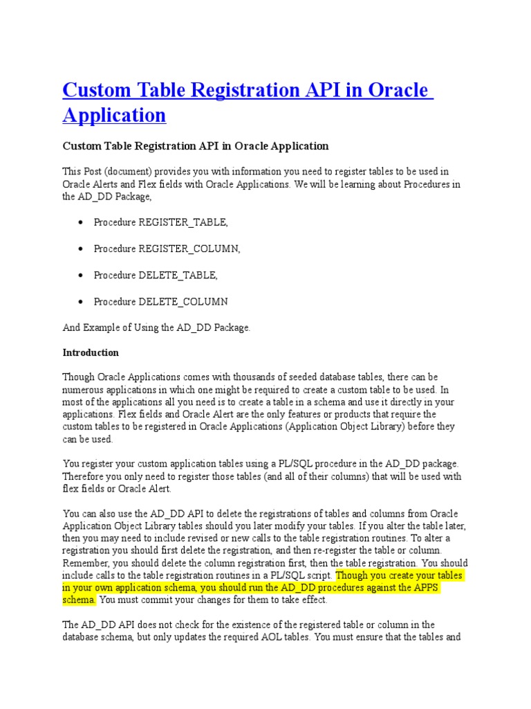 Custom Table Registration API in Oracle Application | PDF