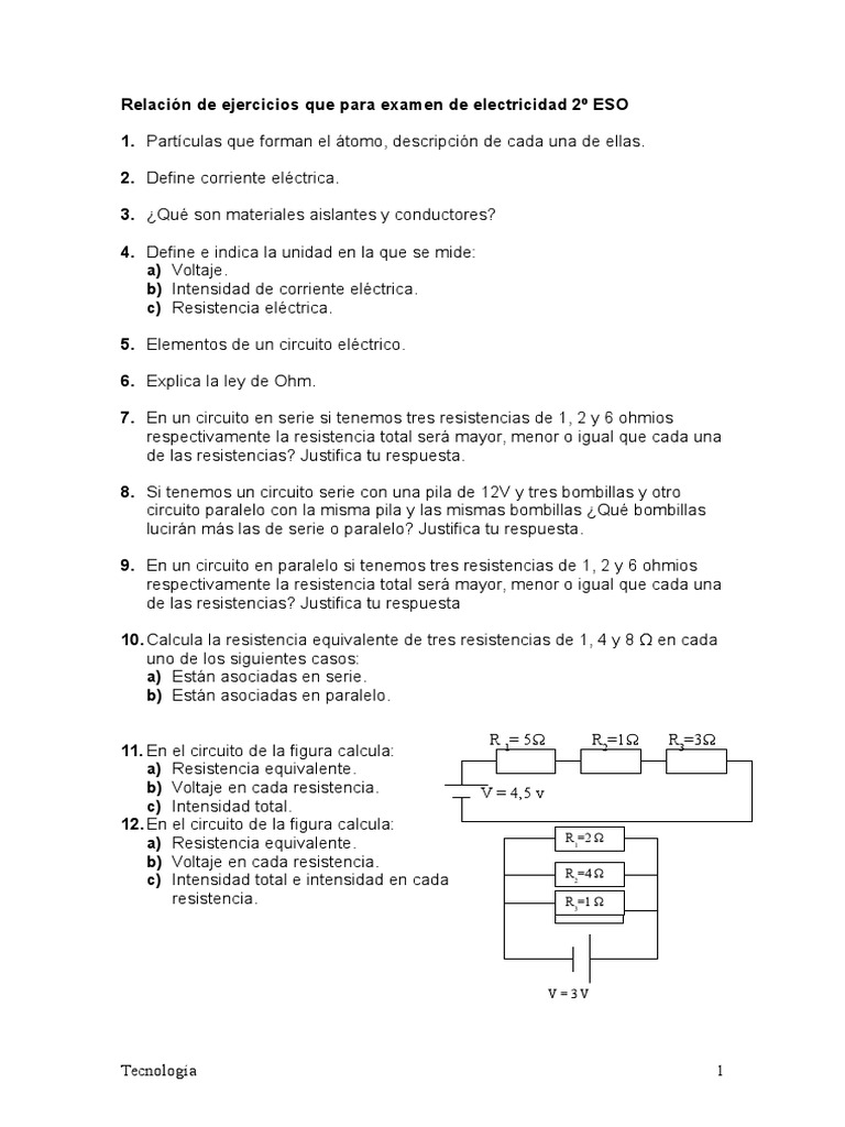 Ejercicios de Electricidad 2º ESO | PDF | Resistencia Eléctrica y ...