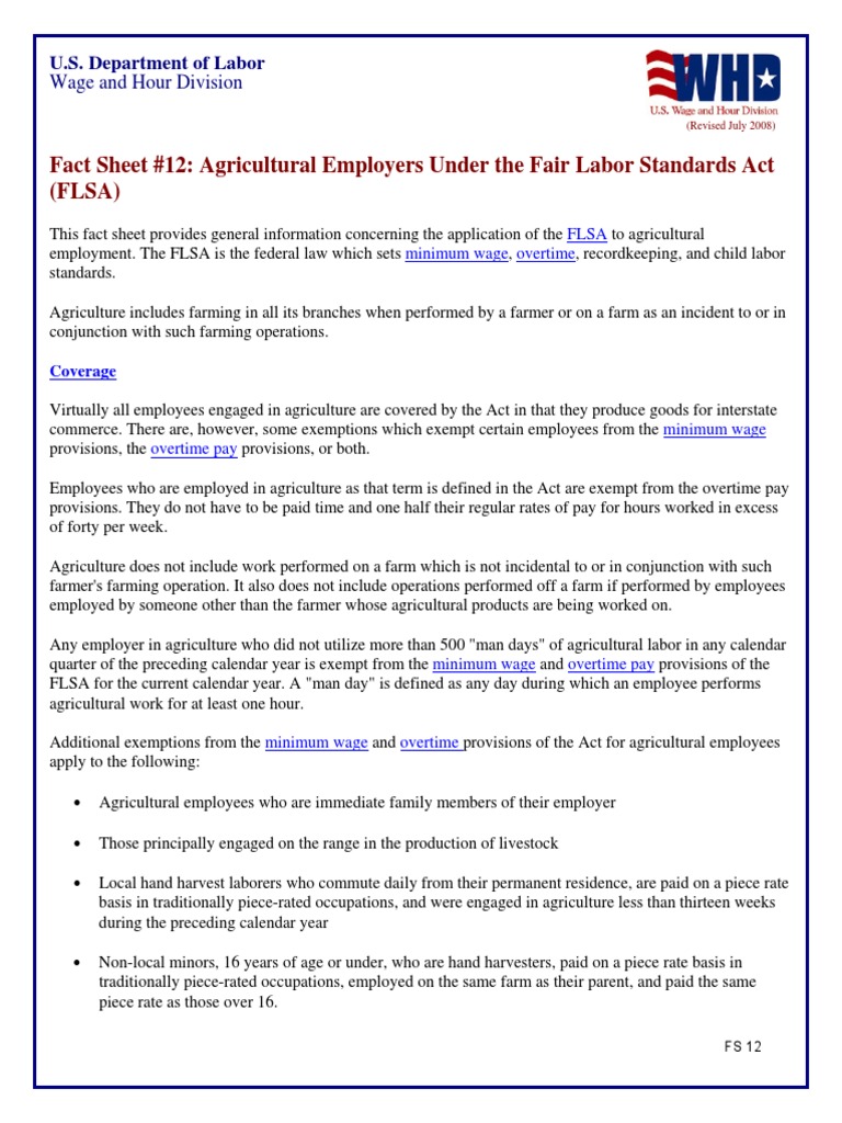 Fact Sheet #12: Agricultural Employers Under The Fair Labor Standards ...