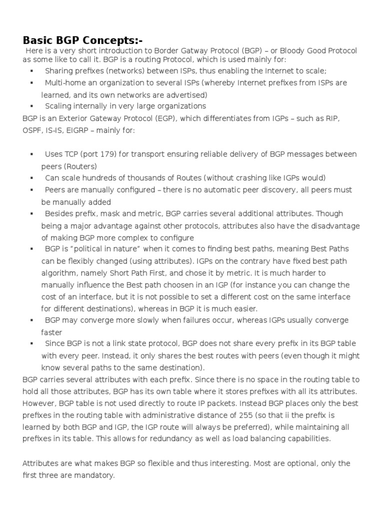 Basic BGP Notes in Short | PDF | Routing | Router (Computing)