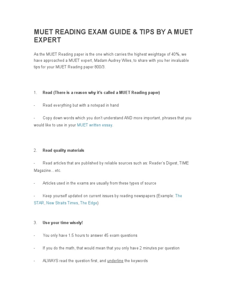 MUET Reading Exam Tips & Guide | PDF | Test (Assessment) | Reading ...