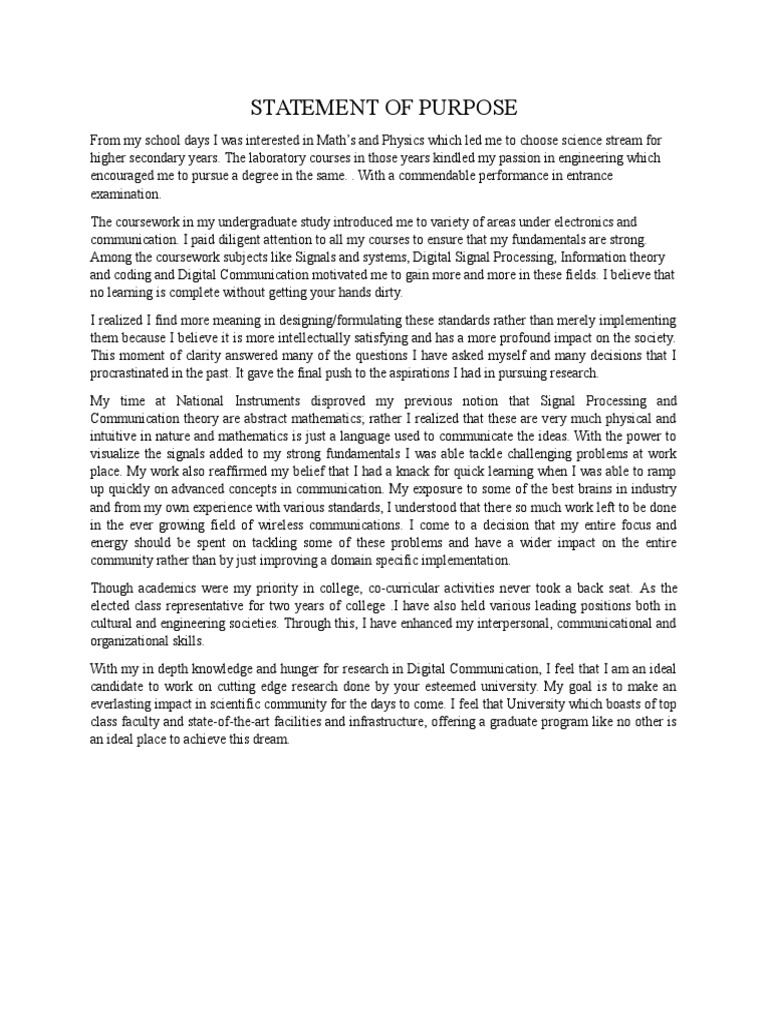 Statement of Purpose | Communication | Signal (Electrical Engineering)