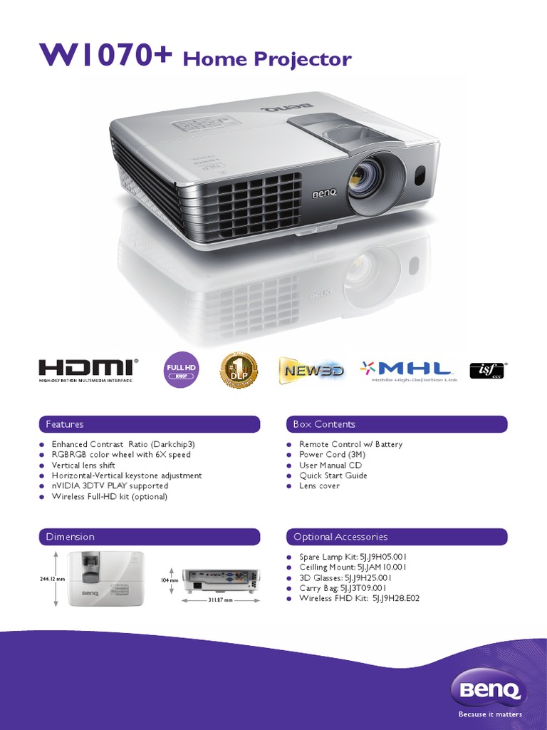 BenQ W1070+ DLP Full HD 3D Wireless Home Theatre Projector | PDF ...