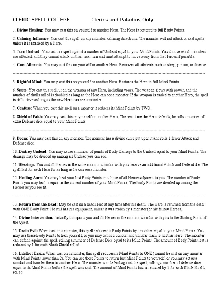 HeroQuest Cleric Spell College | PDF | Fantasy Games | Gaming