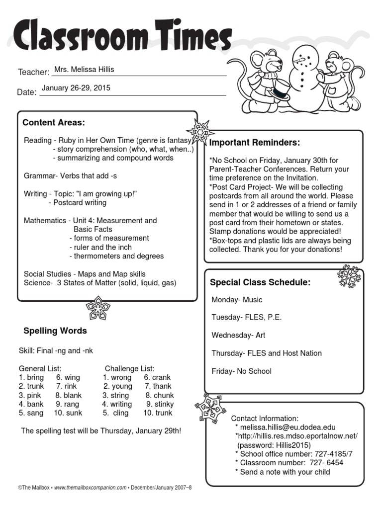 Weekly Classroom Overview: Jan 2015 | PDF