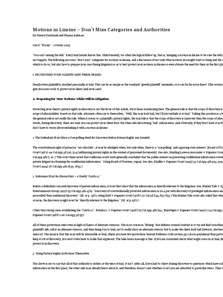 Motions in Limine Don T Miss Categories and Authorities PDF