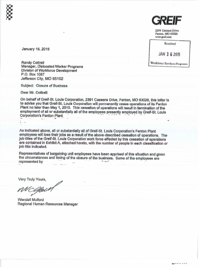 Greif's letter to state of Missouri