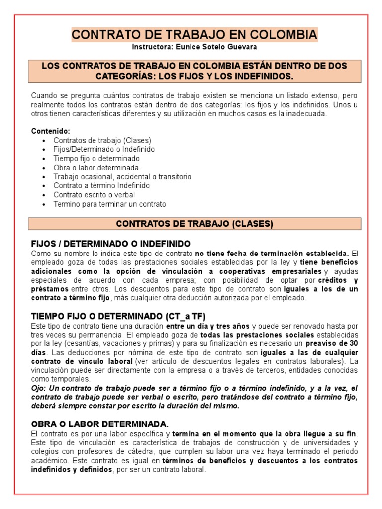 Contrato de Trabajo en Colombia PDF Derecho laboral Evidencia (ley)