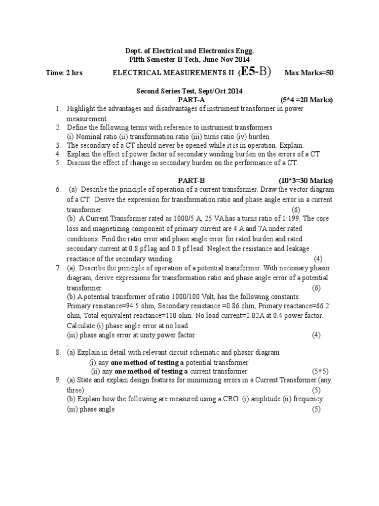 Electrical Measurements II Test Questions | PDF