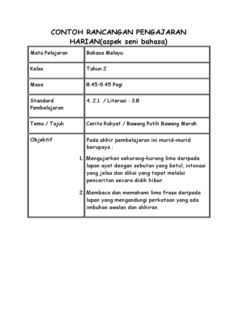 CONTOH RPH BM THN 2 (Seni Bahasa) | PDF