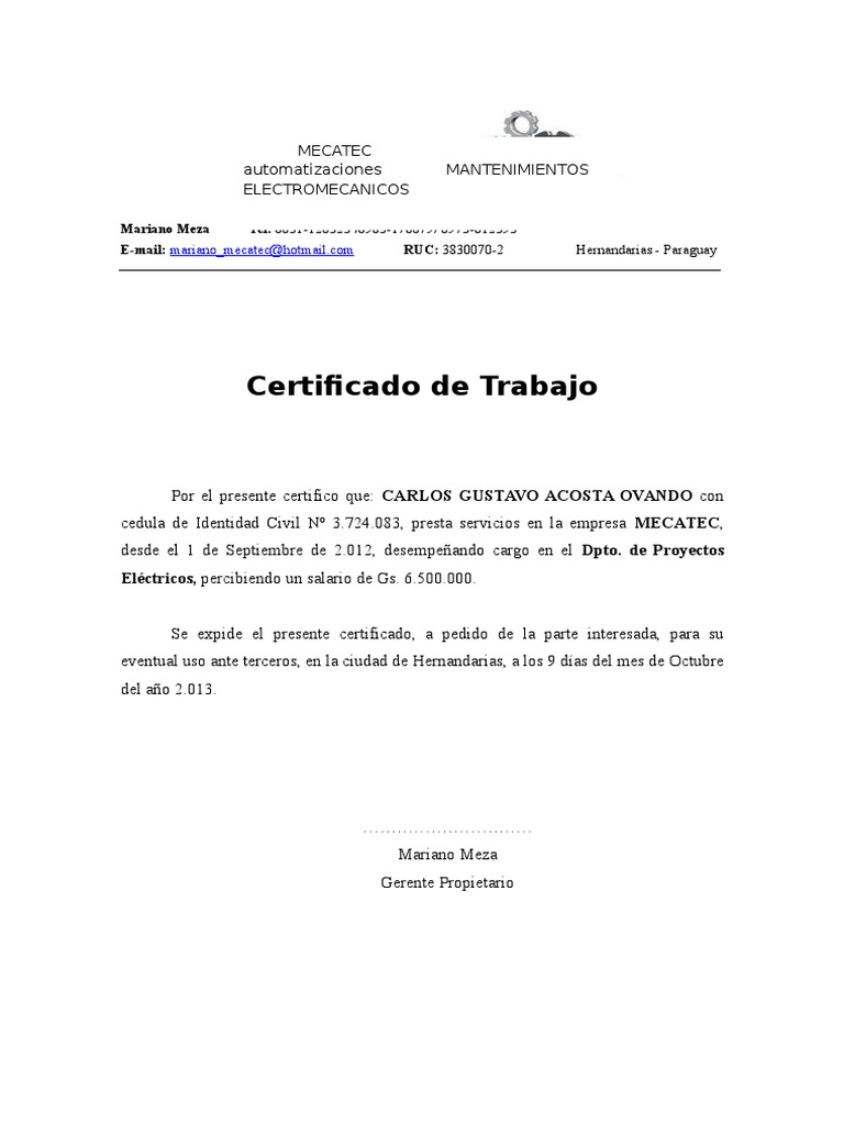 Certificado De Trabajo
