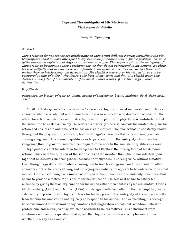 Iago and The Ambiguity of His Motives in Shakespeare's Othello | PDF