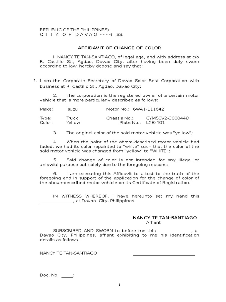 Affidavit of Change of Color of Vehicle