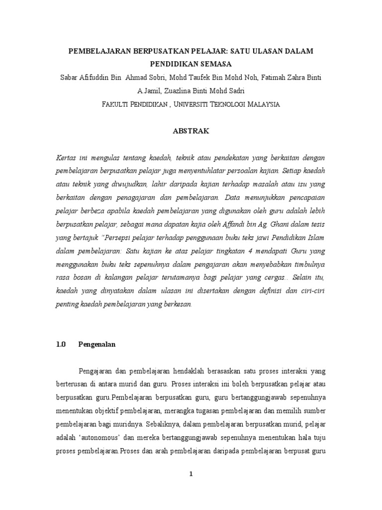 Pembelajaran Berpusatkan Pelajar Pdf
