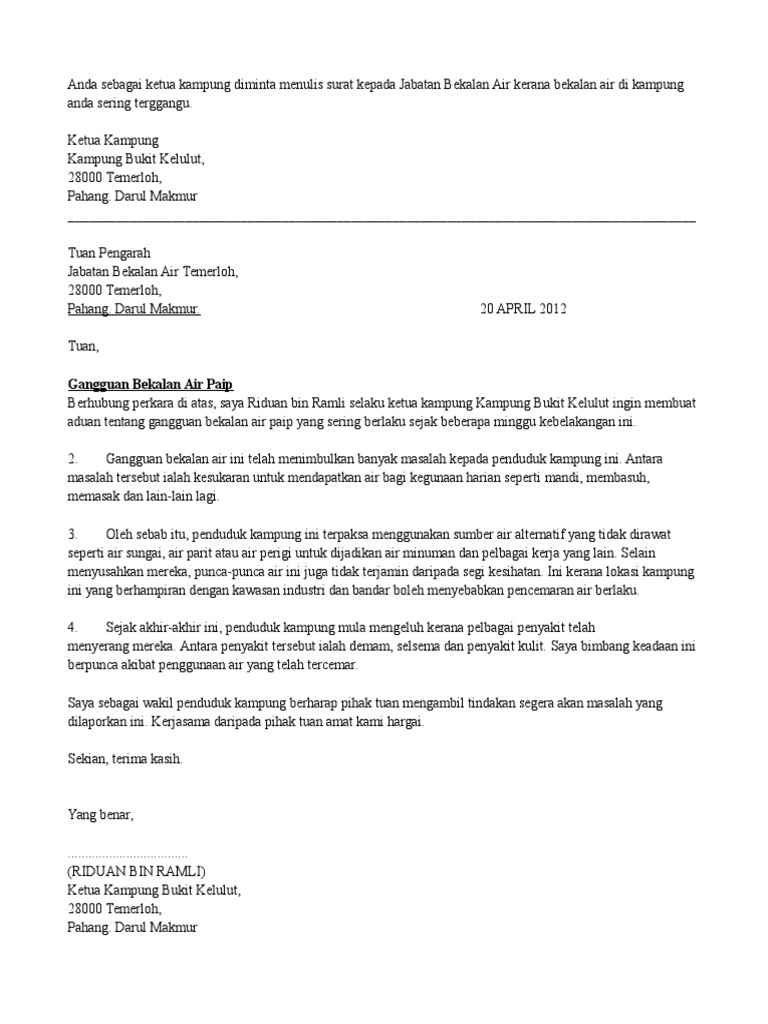 Surat Kiriman Rasmi Gangguan Bekalan Air Pdf
