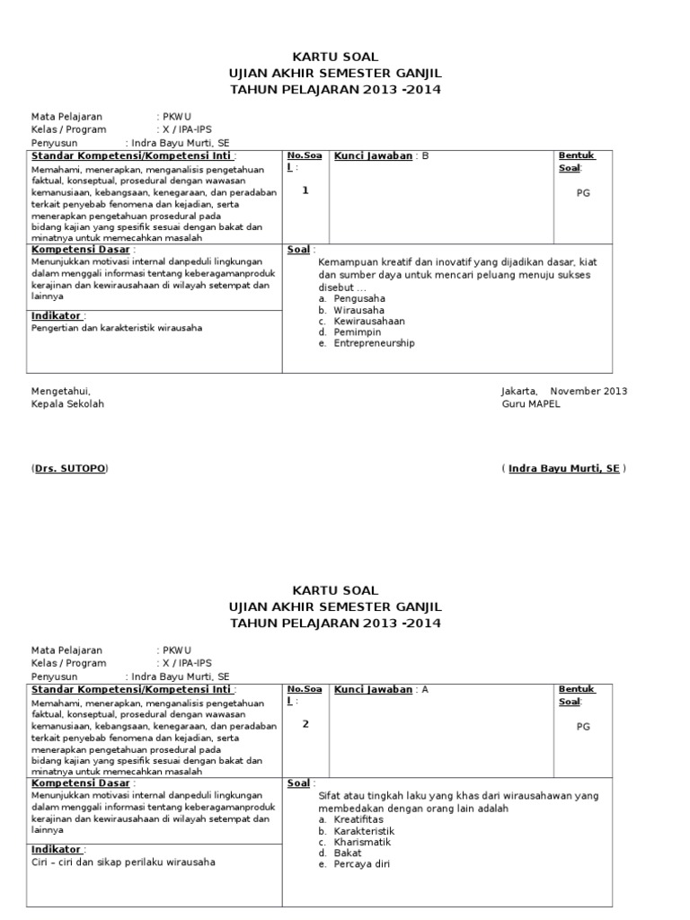 Kartu Soal Pkwu