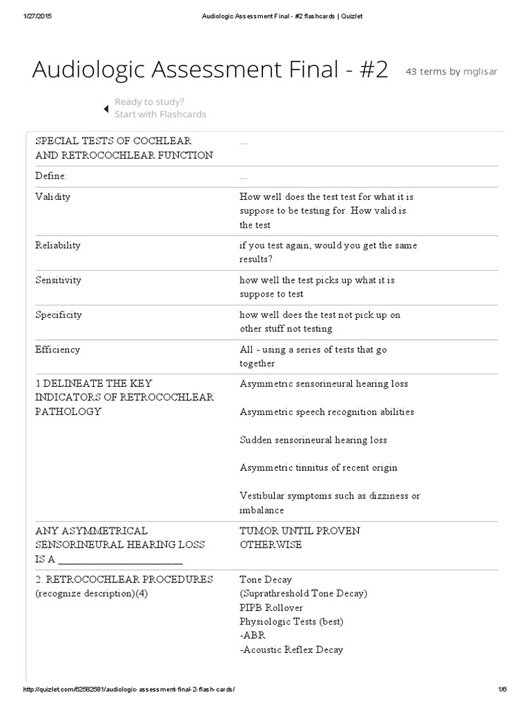 Audiologic Assessment Final 2 Flashcards _ Quizlet Hearing