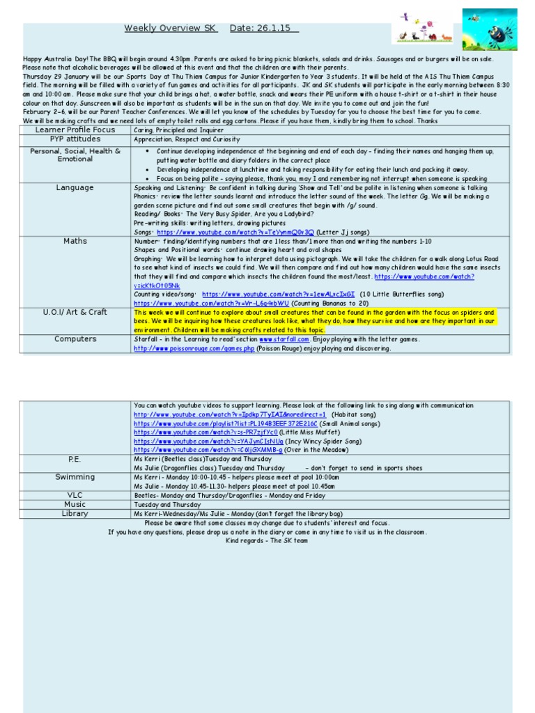 SK TD Term 3 Weekly Overview WK 3 January 26-30 | PDF | Learning To ...