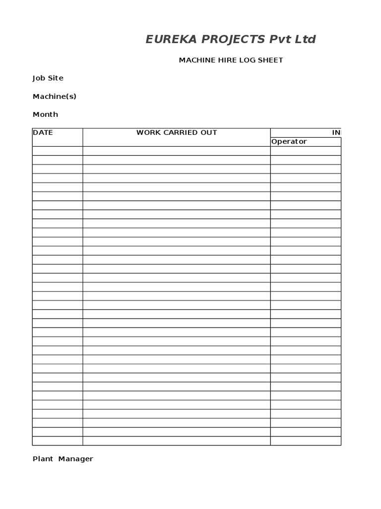 Eureka Projects Machine Hire Log 2025 | PDF