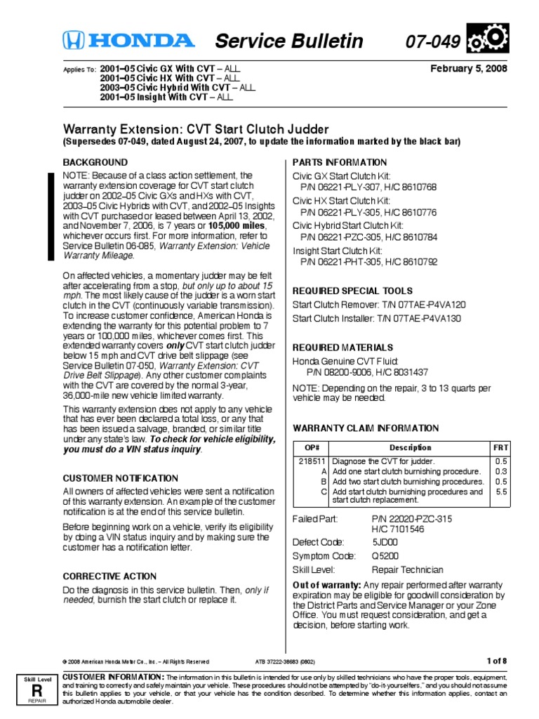 Warranty Extension CVT Start Clutch Judder PDF Transmission (Mechanics) Clutch