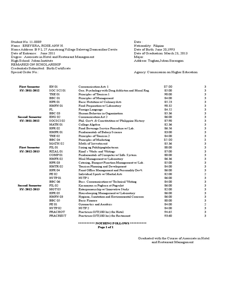 Official Transcript: Rose Ann Ereviera | PDF