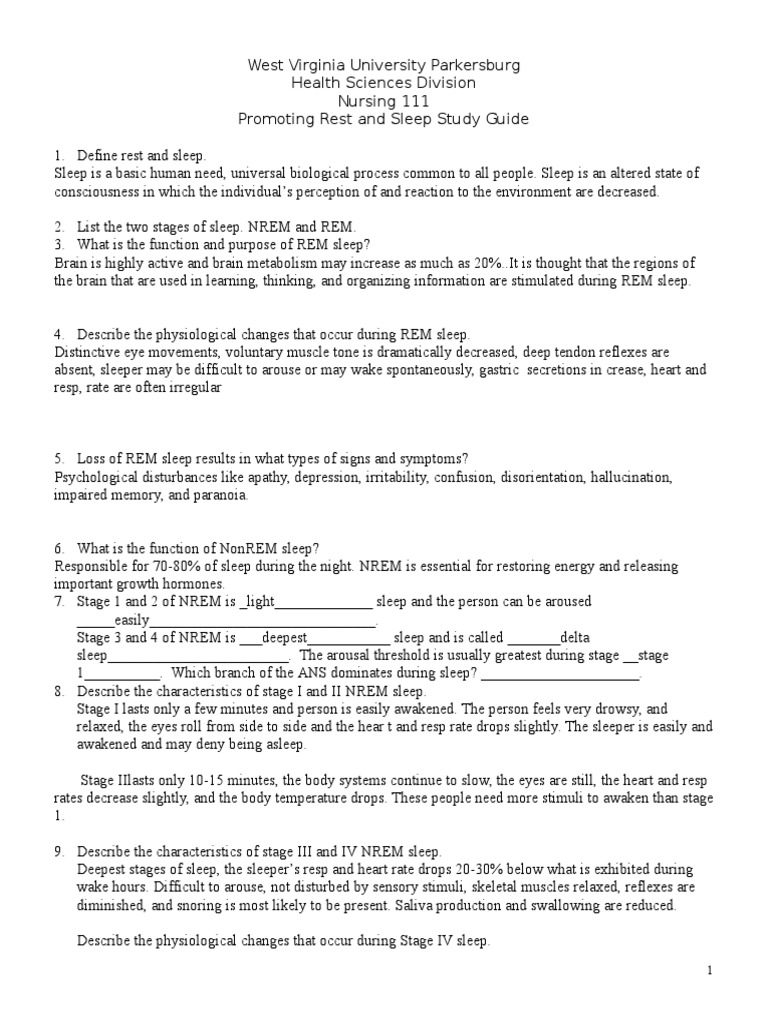Rest and Sleep Study Guide Answers | PDF | Sleep | Sleep Disorder