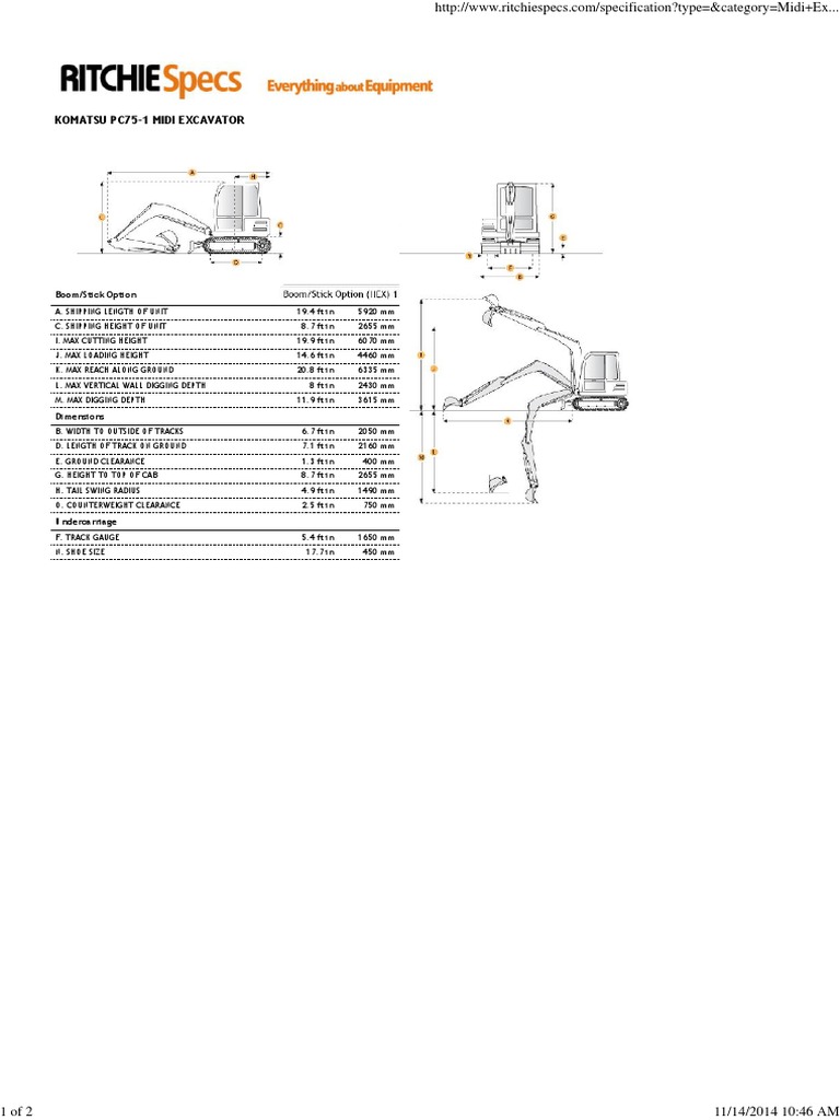 Komatsu PC75-1 Excavator Specifications | PDF | Home & Garden | Science ...