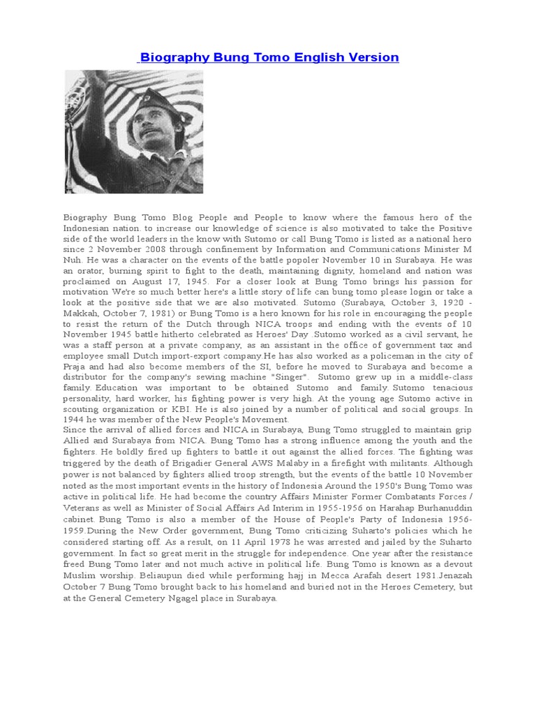 Biography Bung Tomo English Version Indonesian People Politics Of Indonesia