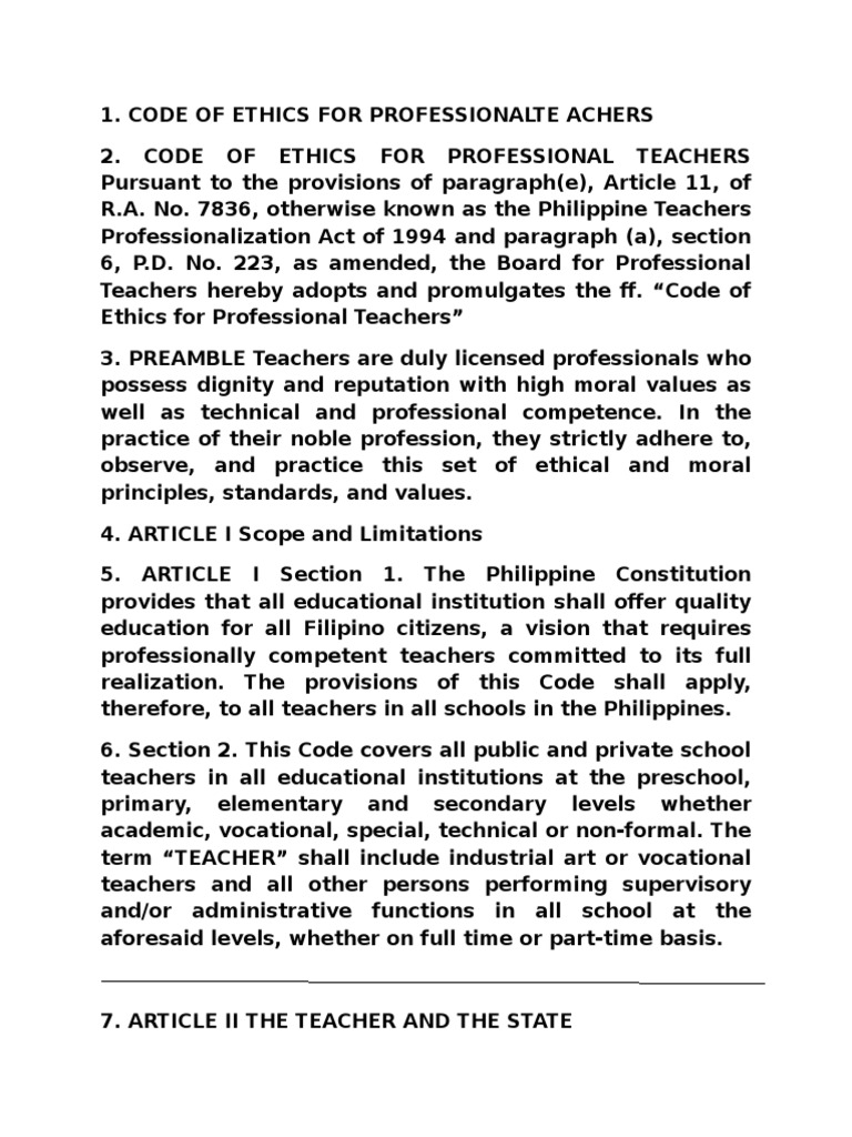 Code Of Ethics For Professional Teachers Article Two Of The United States Constitution Teachers