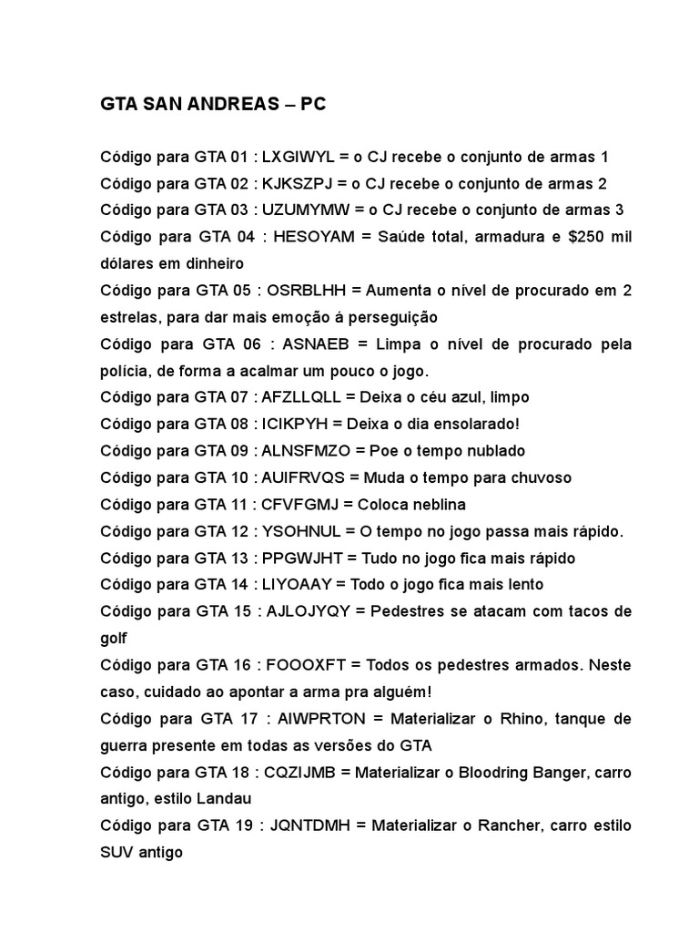 GTA San Andreas - Códigos - Dinheiro Ilimitado, Armas, Veículos