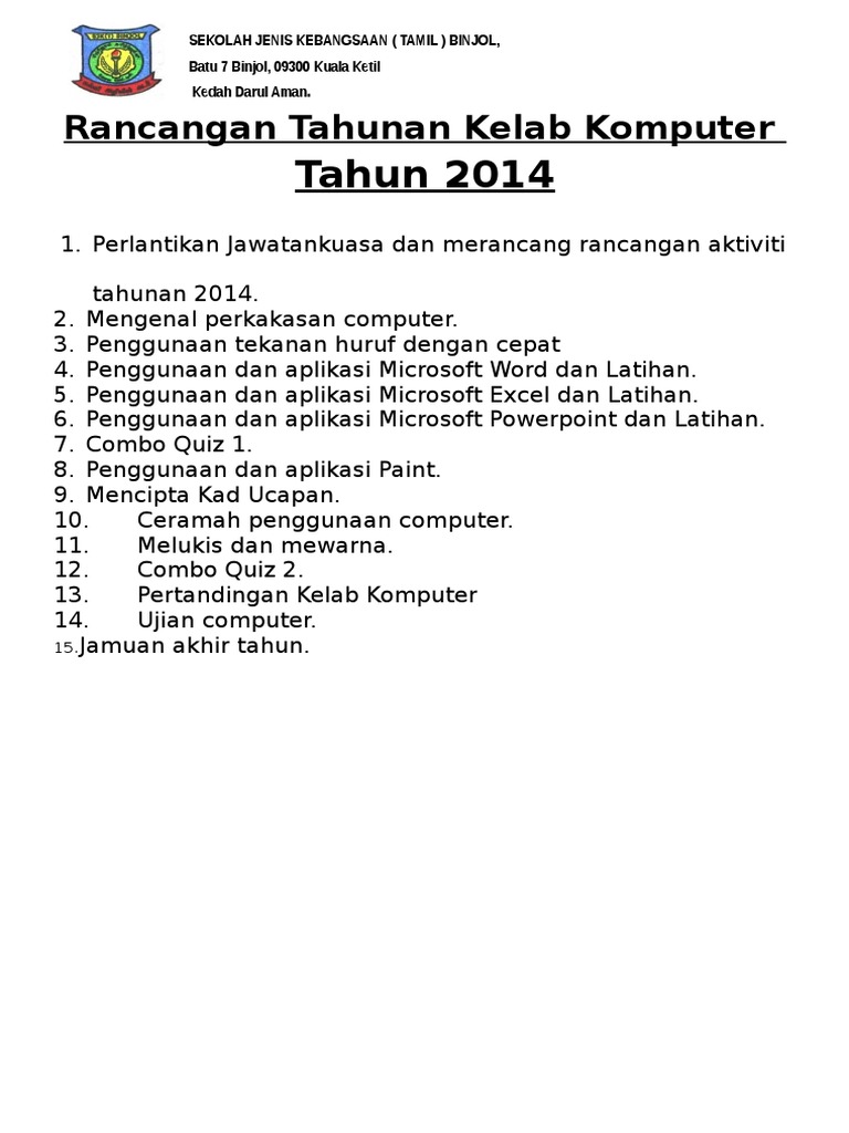 Rancangan Tahunan Kelab Komputer Sekolah Rendah
