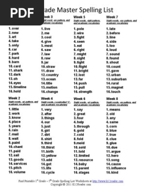 Second Grade Master Spelling Lists