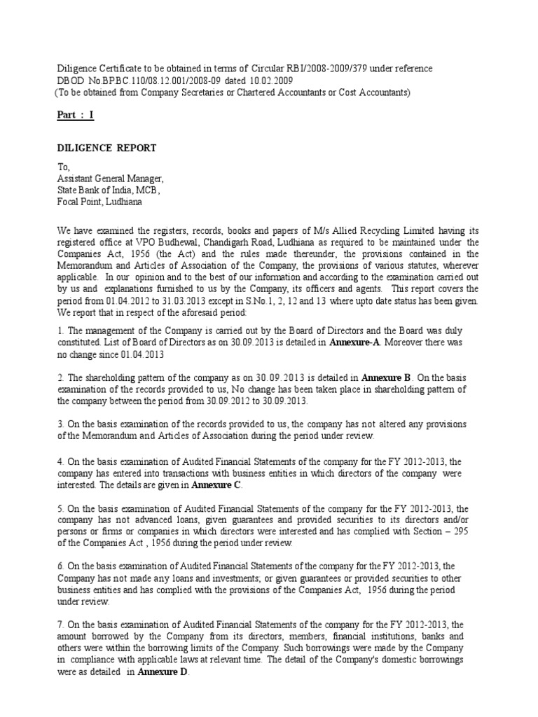 Due Diligence Format(Jan 14) Loans Financial Statement