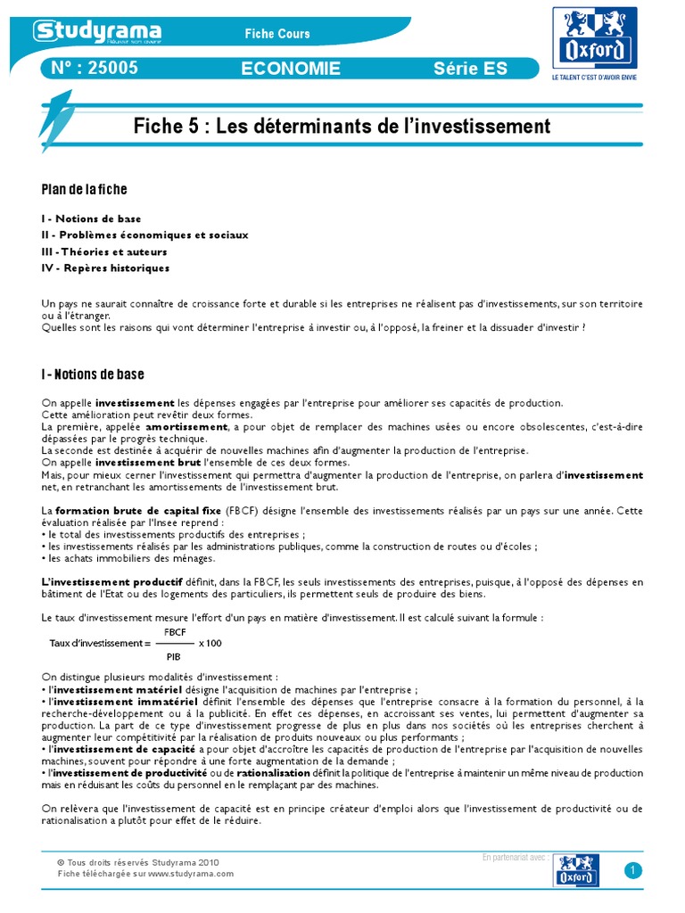 Cours Determinants de l'investissement  Investir  Inflation
