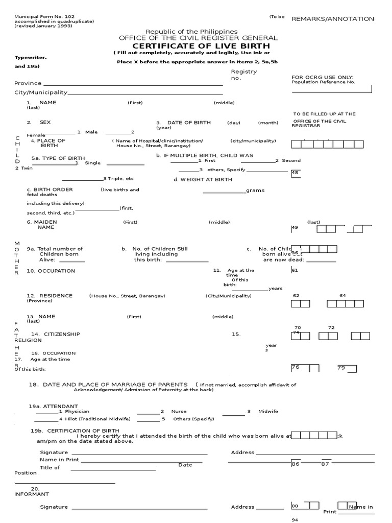 Certificate of Live Birth Form 102 | PDF | Government Information ...