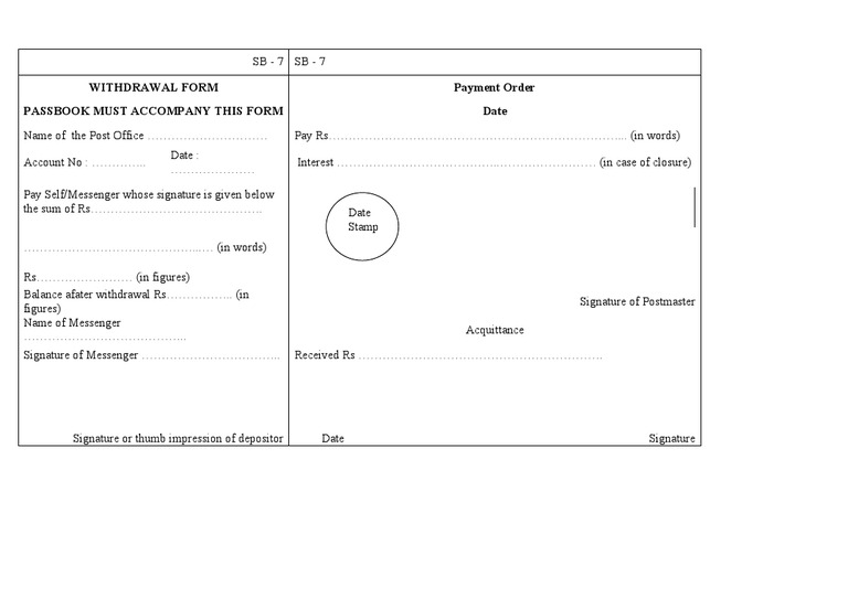Post Office SB-7 Withdrawal Form | PDF | Financial Services | Banking