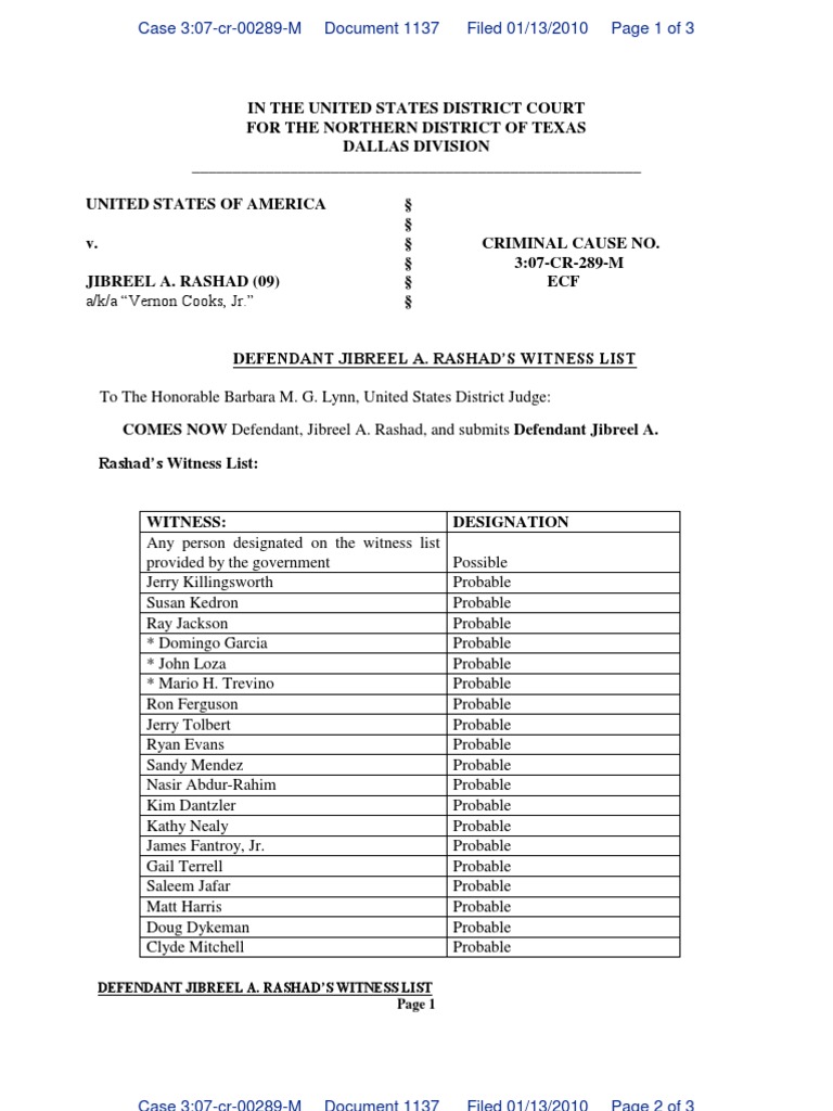 Defense Witness List Rashad Trial | PDF | Justice | Crime & Violence
